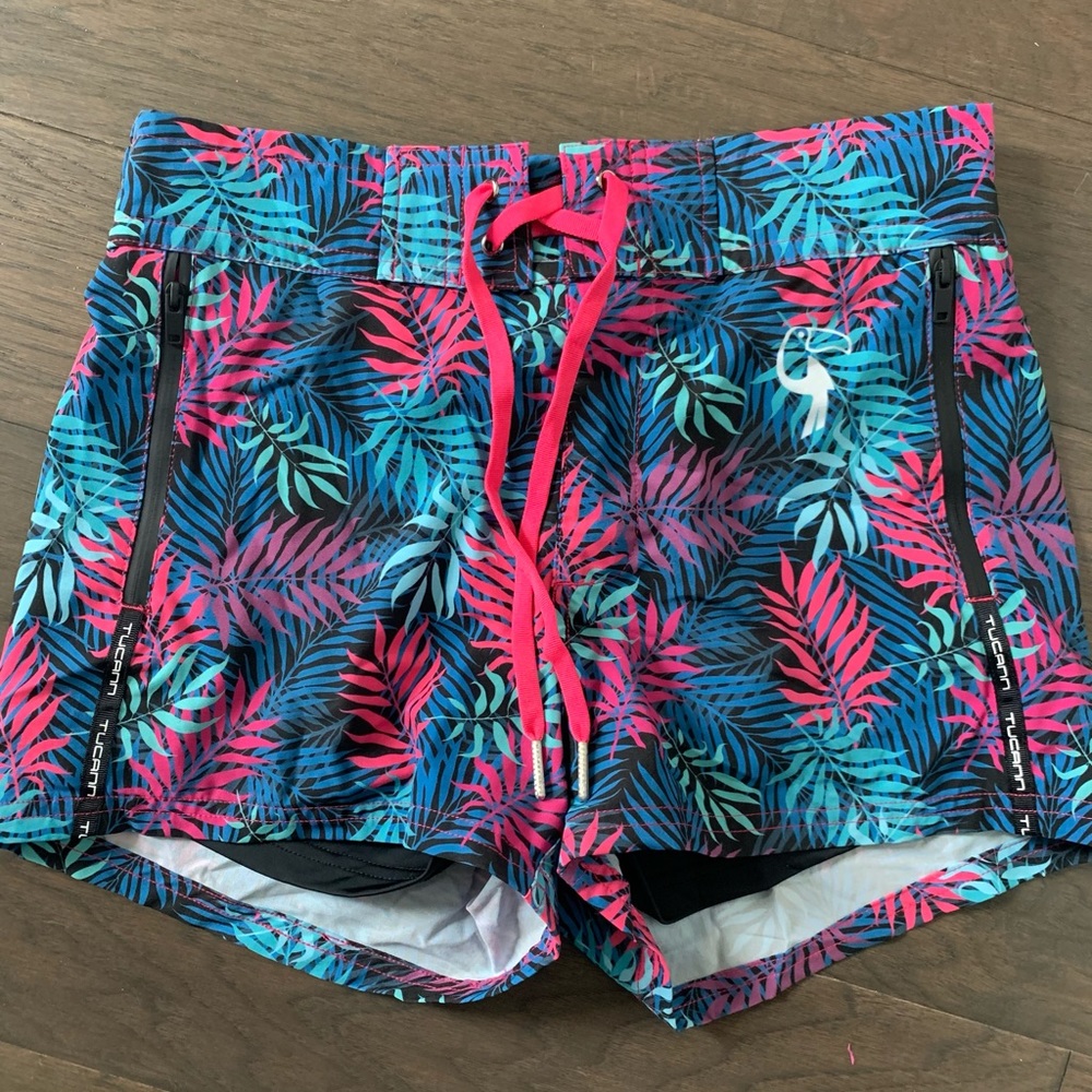 Pink, teal palm pattern swim trunks, Tucann, Small